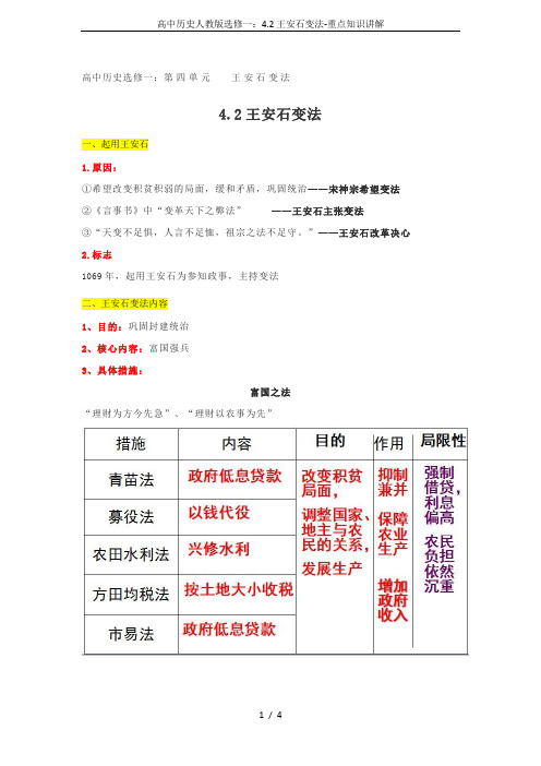 高中历史人教版选修一：4.2王安石变法-重点知识讲解