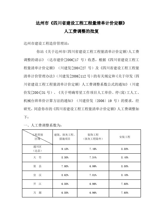 达州市《四川省建设工程工程量清单计价定额》人工费调整的批复