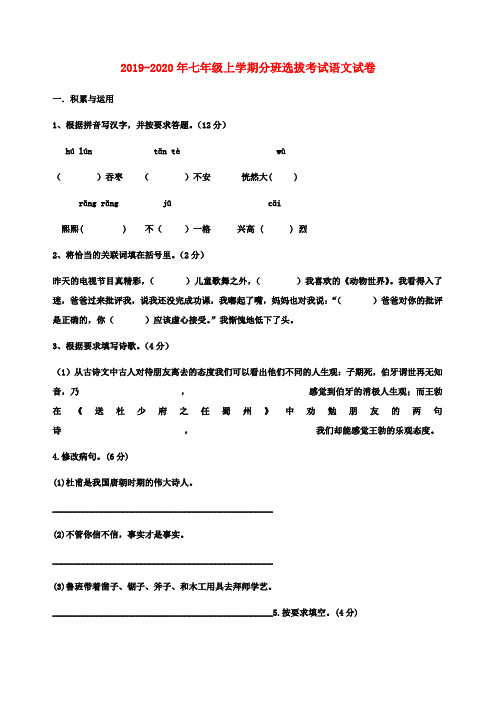 2019-2020年七年级上学期分班选拔考试语文试卷