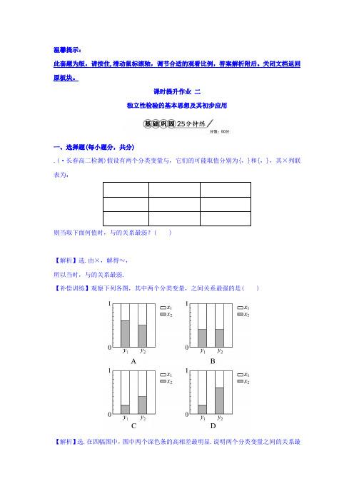 高中数学人教版选修1-2课时提升作业二 1.2 独立性检验的基本思想及其初步应用 Word版含答案