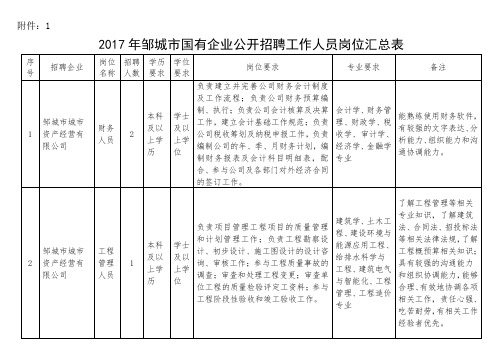 2017年邹城市国有企业公开招聘工作人员岗位汇总表.doc