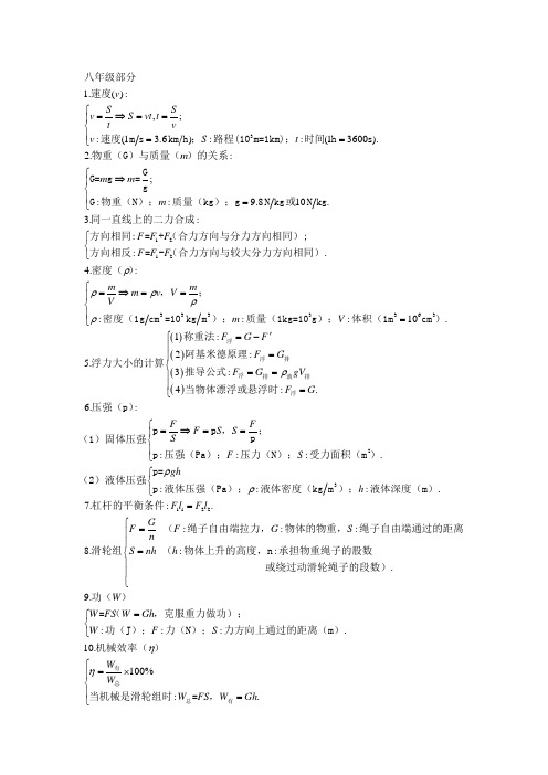 沪科版初中物理公式大全-八年级九年级