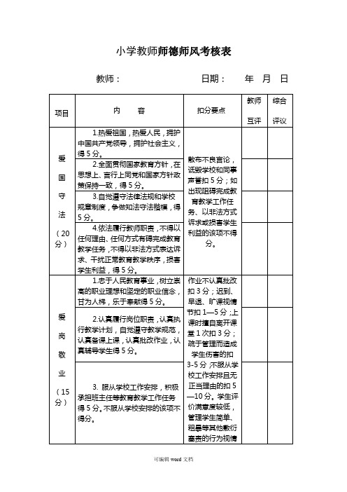 小学教师师德师风考核表完整版本