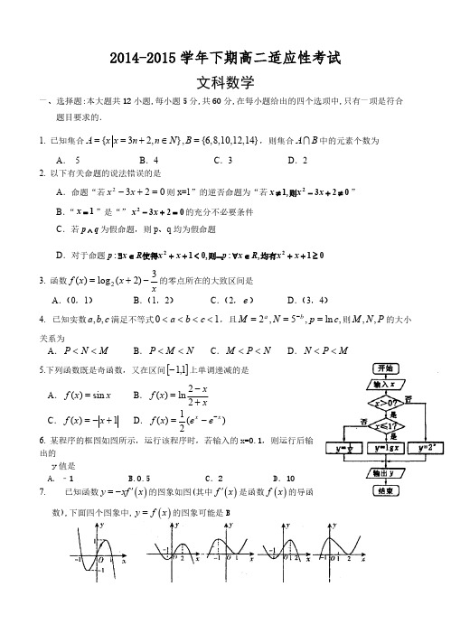 河南省三门峡市陕州中学2014-2015学年高二下学期适应性考试数学(文)试题(含答案)