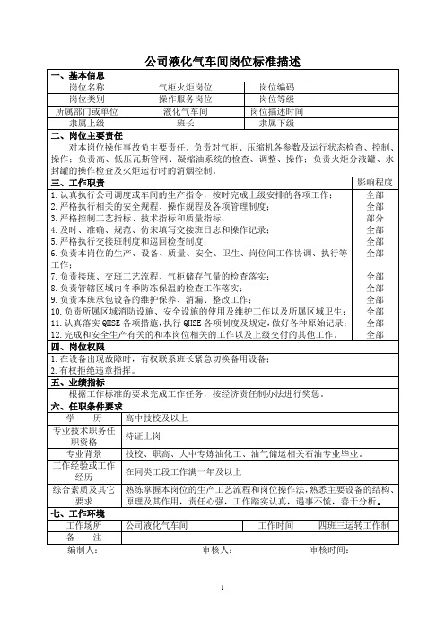 公司液化气车间气柜火炬岗位标准描述