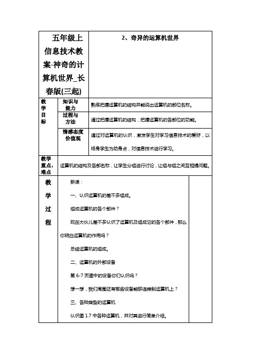 五年级上信息技术教案-神奇的计算机世界_长春版