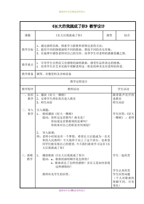 最新人教版音乐七年级上册《长大后我就成了你》word教案1