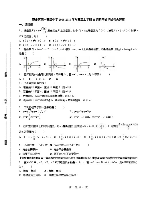 嘉定区第一高级中学2018-2019学年高三上学期11月月考数学试卷含答案