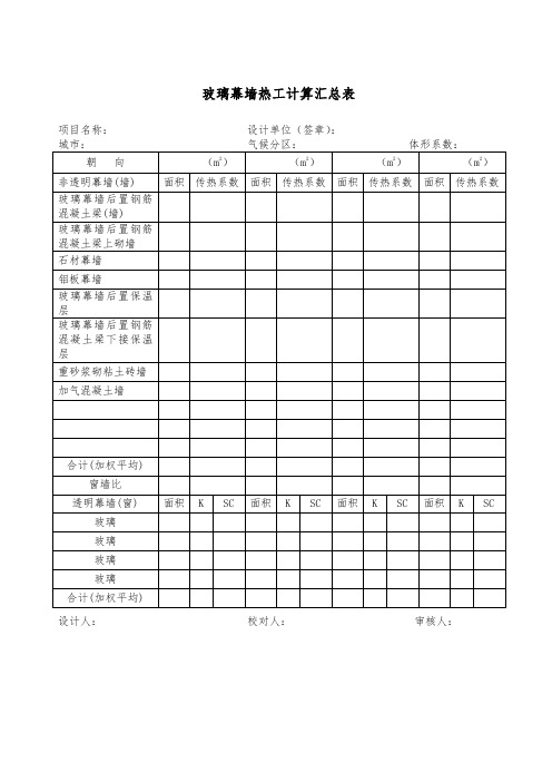 玻璃幕墙热工计算汇总表