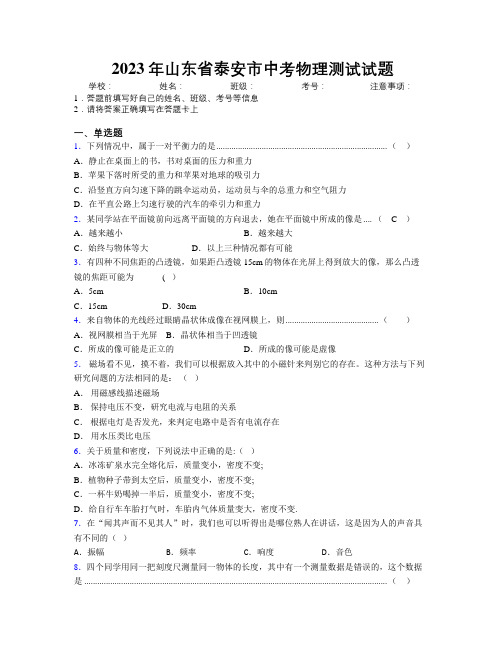 2023年山东省泰安市中考物理测试试题及解析