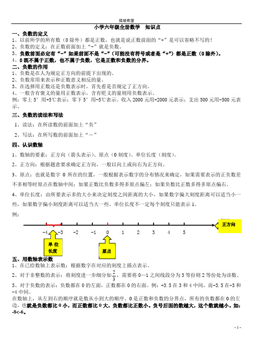 2016年小学六年级下册数学知识点(人教版)