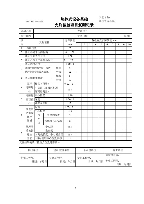 块体式设备基础允许偏差项目复测记录SHT3503-J205