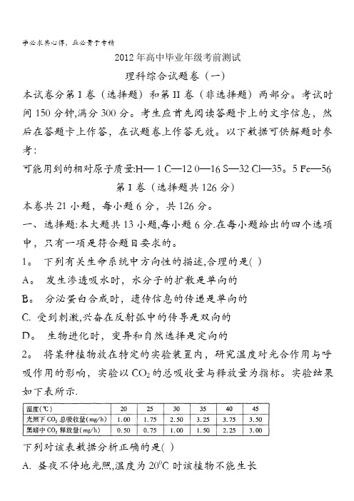 河南省郑州市2012年高中毕业年级考前测试(一)理综试题 