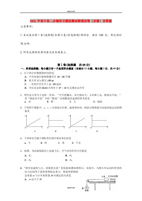 2021年高中高二必修科目模拟测试物理试卷(必修)含答案