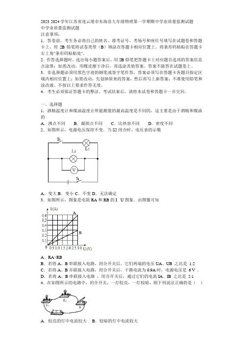 2023-2024学年江苏省连云港市东海县九年级物理第一学期期中学业质量监测试题含解析