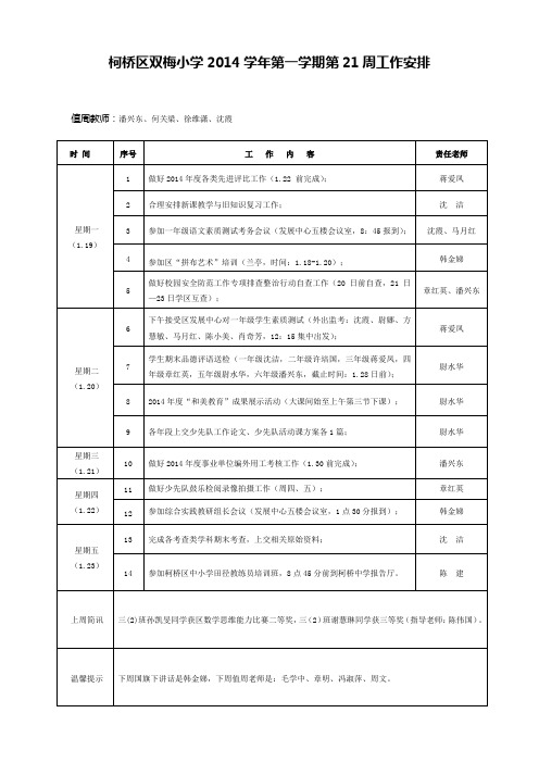 双梅小学2014学年第一学期第21周工作安排