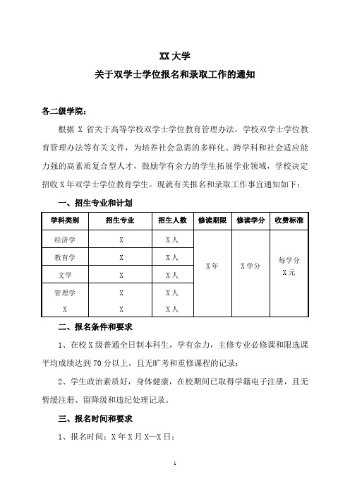 XX大学关于双学士学位报名和录取工作的通知