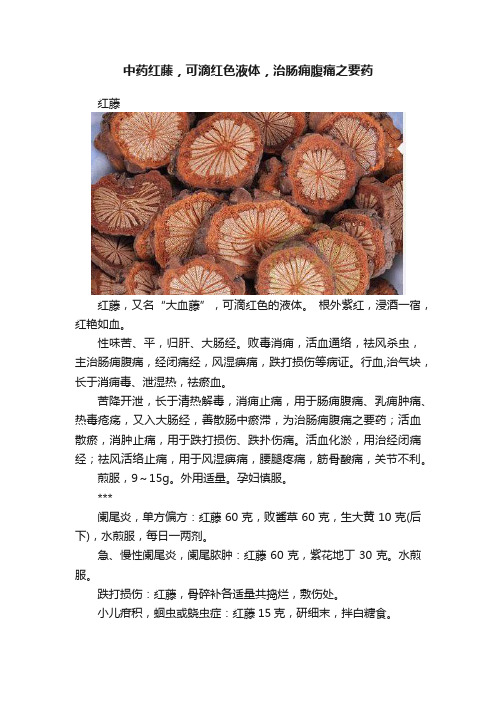 中药红藤，可滴红色液体，治肠痈腹痛之要药