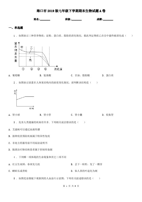 海口市2019版七年级下学期期末生物试题A卷