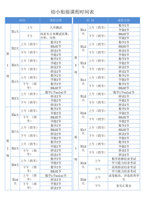 幼小衔接课程时间表Excel模板