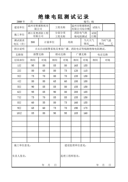 消防绝缘电阻测试记录