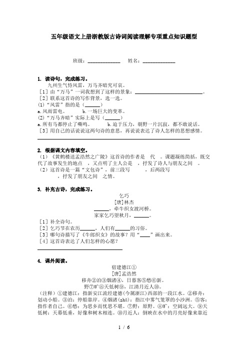 五年级语文上册浙教版古诗词阅读理解专项重点知识题型