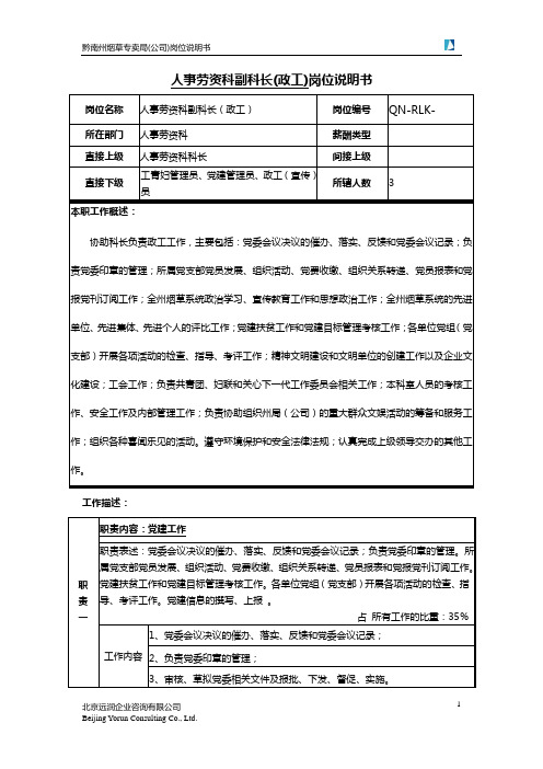 人事劳资科(政工)副科长岗位说明书