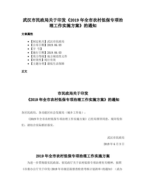 武汉市民政局关于印发《2019年全市农村低保专项治理工作实施方案》的通知