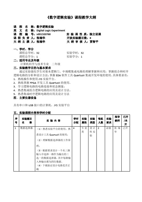 山东大学数字逻辑实验大纲