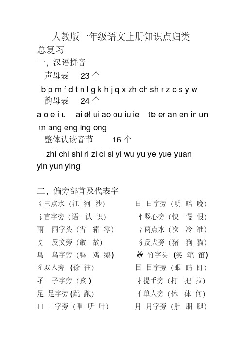 人教版一年级语文上册知识点归类总复习