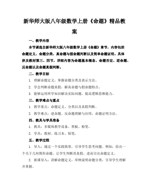 新华师大版八年级数学上册《命题》精品教案