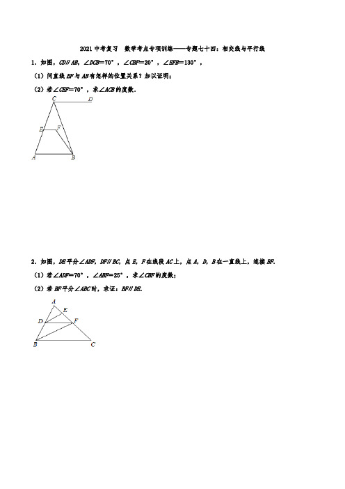 2021年中考复习 数学考点专项训练——专题七十四：相交线与平行线