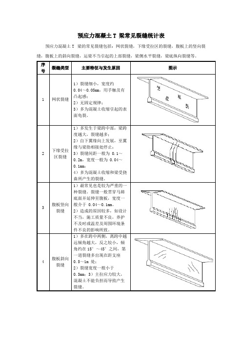 预应力混凝土T 梁常见裂缝统计表