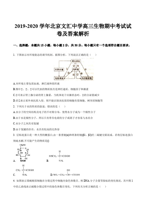 2019-2020学年北京文汇中学高三生物期中考试试卷及答案解析