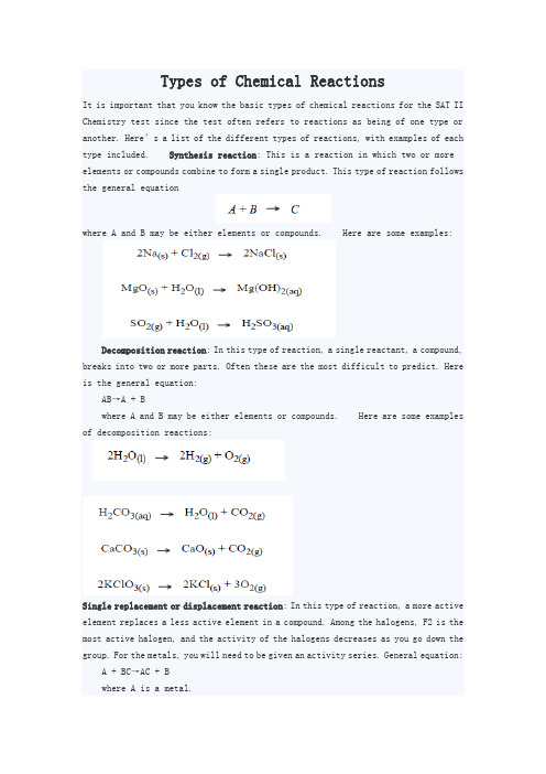 Types of Chemical Reactions化学反应类型