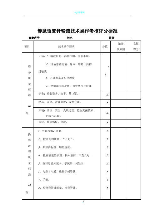 静脉留置针输液技术操作考核评分标准