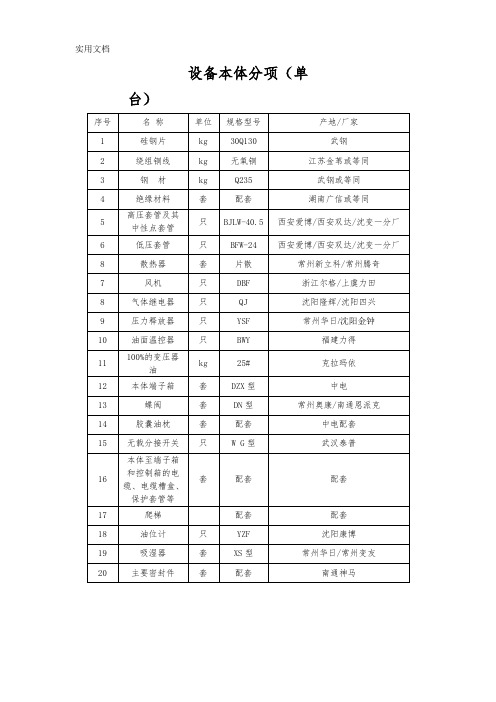 变压器配置清单