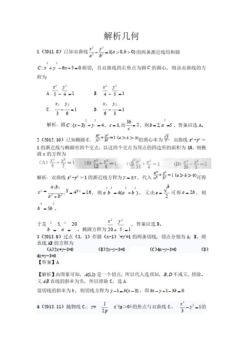 2011—2015年山东高考数学分类汇编——解析几何