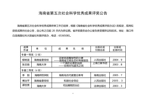 海南省第五次社会科学优秀成果评奖公告.