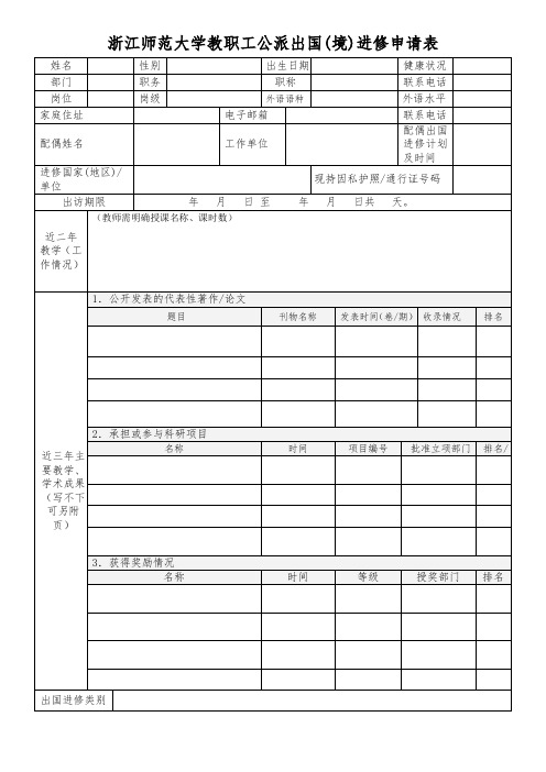 浙江师范大学教职工公派出国境进修申请表