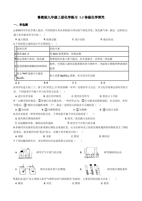 鲁教版九年级上册化学练习 1.2体验化学探究(解析版)