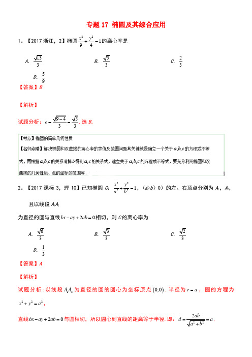 三年高考(近年-近年)高考数学试题分项版解析专题17椭圆及其综合应用理(new)