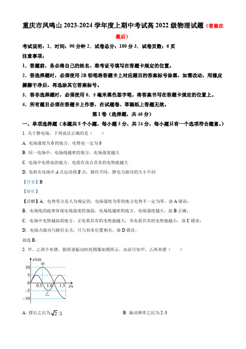 重庆市2023-2024学年高二上学期期中物理试题含解析