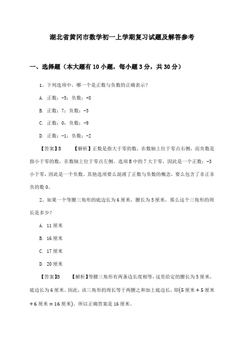 湖北省黄冈市初一上学期数学复习试题及解答参考