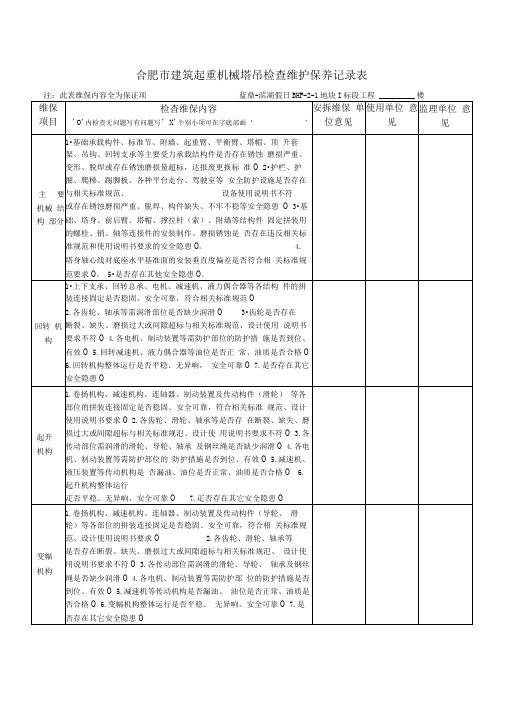 合肥市建筑起重机械塔吊、人货电梯检查维护保养记录表