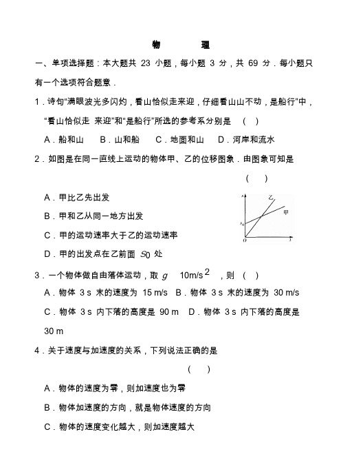 2020学年度高二年级物理学业水平测试