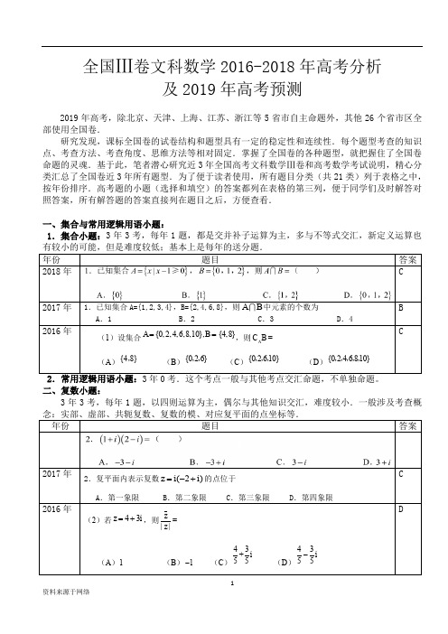 全国III卷文科数学高考分析及2019年高考预测：全国III卷文科数学2016-2018年高考分析及2019年高考预测.