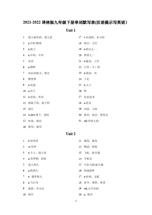 16 九年级下册(汉语提示写英语)2023-2024学年九年级英语教材同步单词默写表(译林版)