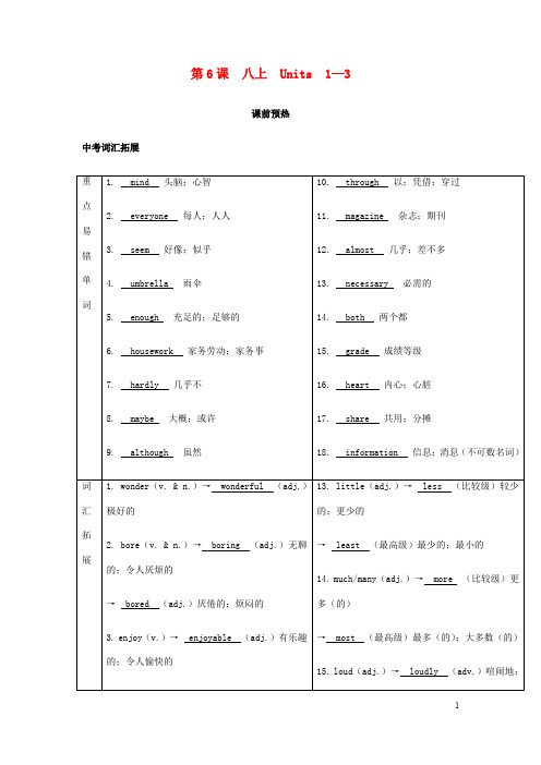 中考英语复习 语言基础知识第6课八年级上册Units1_3基础知识