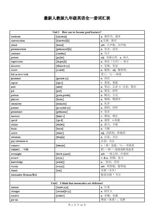 最新人教版九年级上册英语全册词汇表